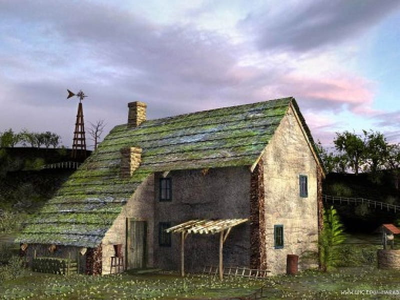 Farm House, windmill, wishing well, HD wallpaper