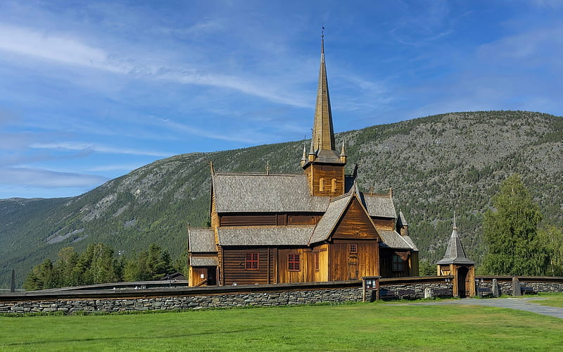 Church in Norway, wooden, mountains, Norway, church, HD wallpaper