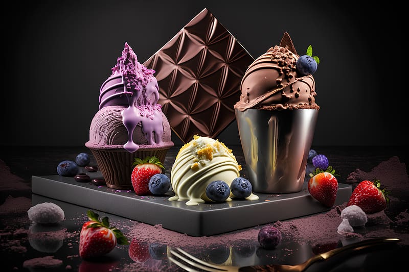 Vanilla ice cream, Chocolate, Cone, Strawberries, Blueberry, HD wallpaper