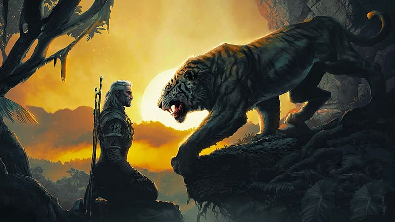 Face to face, geralt, fantasy, tiger, art, yellow, man, game, the witcher, HD wallpaper