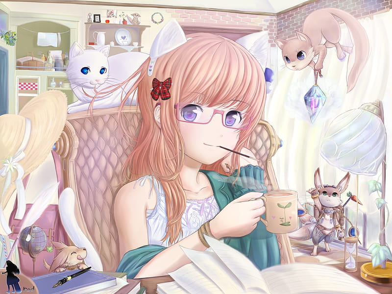 Tea time, catgirl, animal ears, brown hair, glasses, pocky, ribbons, sexy, tea, cute, girl, anime, cup, purple eyes, long hair, cats, HD wallpaper