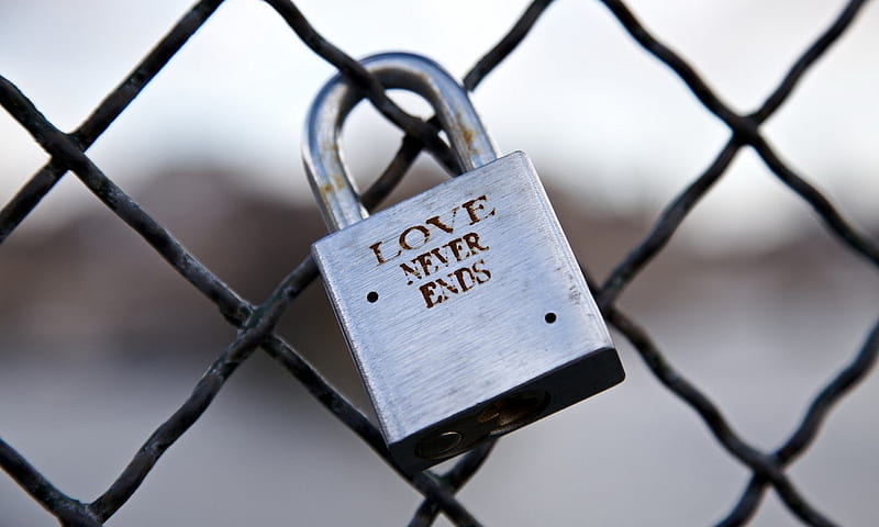 Love never ends, fence, love, lock, siempre, wire, padlock, wire fence, HD wallpaper