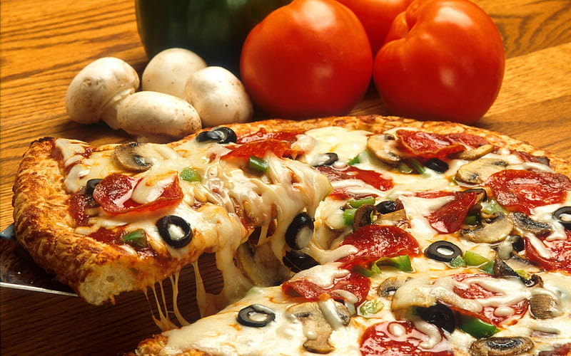 MMMMMM....Extra Cheese, food, olives, tomatoes, round, italian, cheese, hot, mushrooms, pizza, HD wallpaper