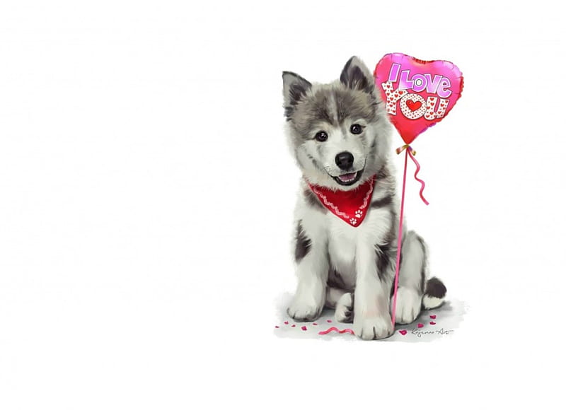 Funny husky, red, art, lorri kajenna, valentine, animal, card, balloon, love, heart, child, white, puppy, dog, HD wallpaper