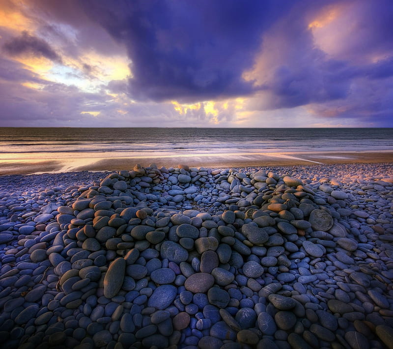 Stones, beach, coast, landscape, pebbles, rocks, sunset, HD wallpaper