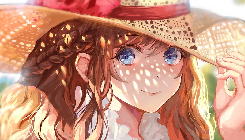 anime girl, summer, hat, blue eyes, braid, sunlight, Anime, HD wallpaper