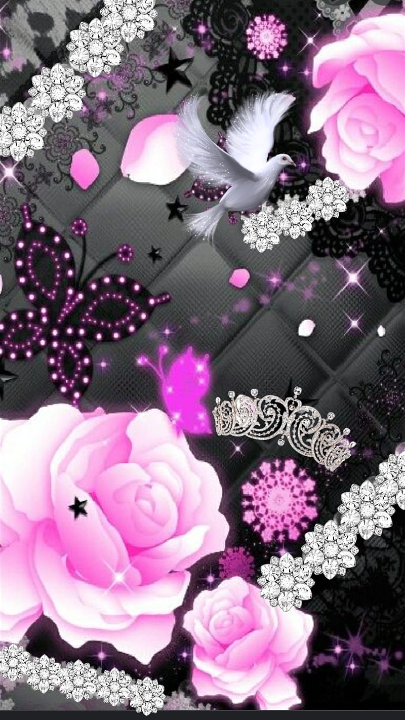 Pink Princess, angel, butterfly, crown, diamonds, dove, rose, sparkles, tiara, HD phone wallpaper