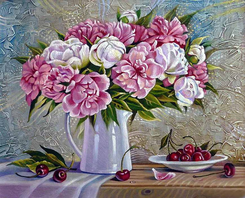 Asya Belova, fruit, art, still life, painting, flower, cherry, HD wallpaper