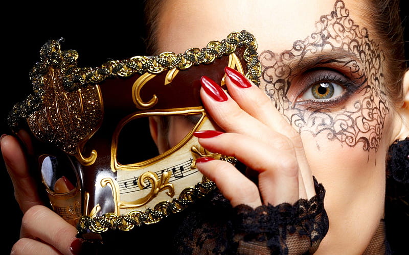 PARTY TIME!, red, nails, make-up, make up, hands, carnival, gold, green-eyed, girl, face, mask, HD wallpaper