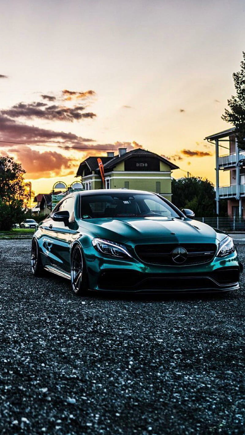 Mercedes AMG, green, car, supercar sports, sunset, america, HD phone wallpaper