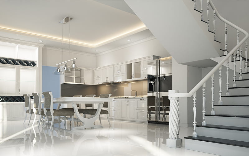 modern stylish kitchen design, project, white interior, kitchen, dining room, stylish design of the staircase, white staircase, HD wallpaper