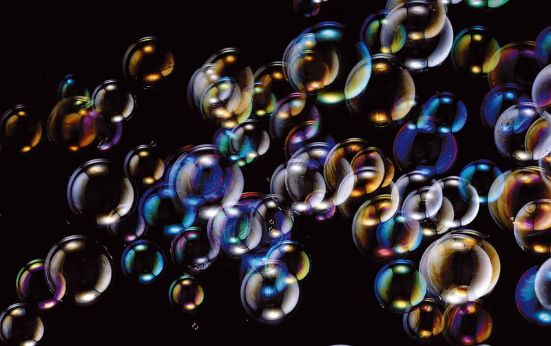 Bubbles, black, ball, rainbow, HD wallpaper