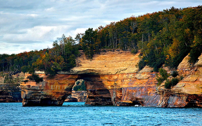 Lake Superior Shore Line, Natural Arch, Lake, beach, USA, Rocks, HD wallpaper