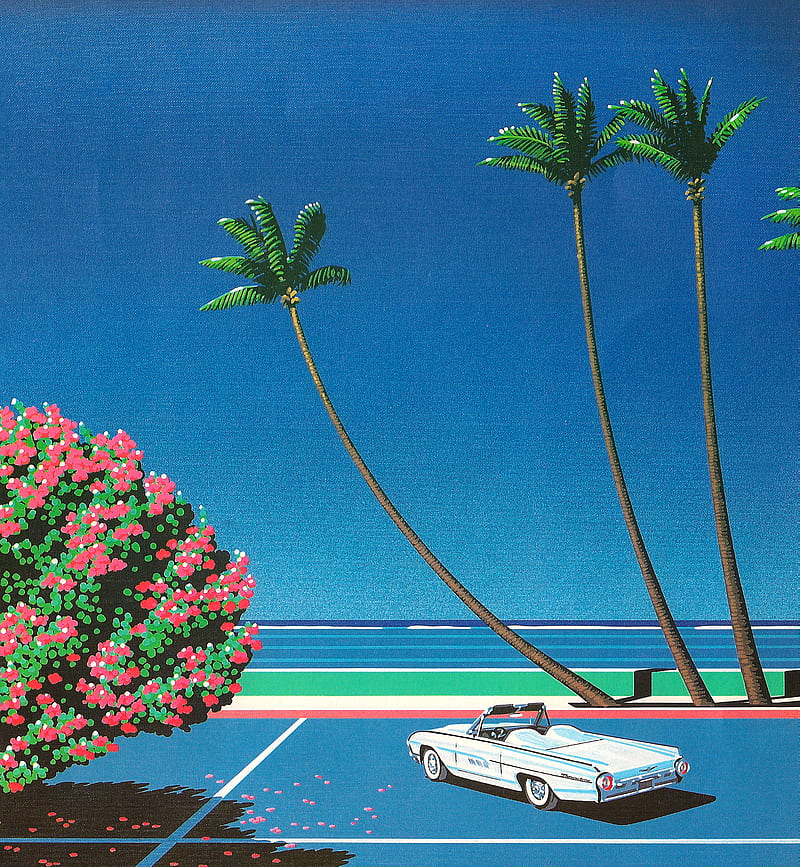 Hiroshi Nagai, Retrowave, painting, water, palm trees, HD phone wallpaper
