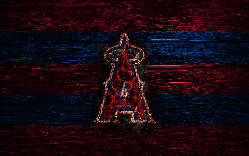 Los Angeles Angels, fire logo, MLB, purple and blue lines, american baseball team, LA Angels, grunge, baseball, Los Angeles Angels logo, wooden texture, USA, HD wallpaper