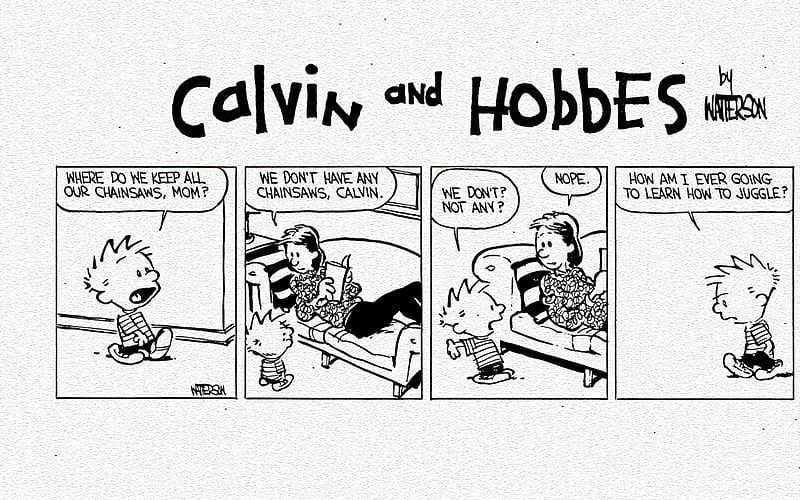 Calvin and Hobbes Juggling Chainsaws, fail, juggle, calvin, calvin and hobbes, hilliarious, watterson, logo, hobbes, sad, chainsaw, HD wallpaper