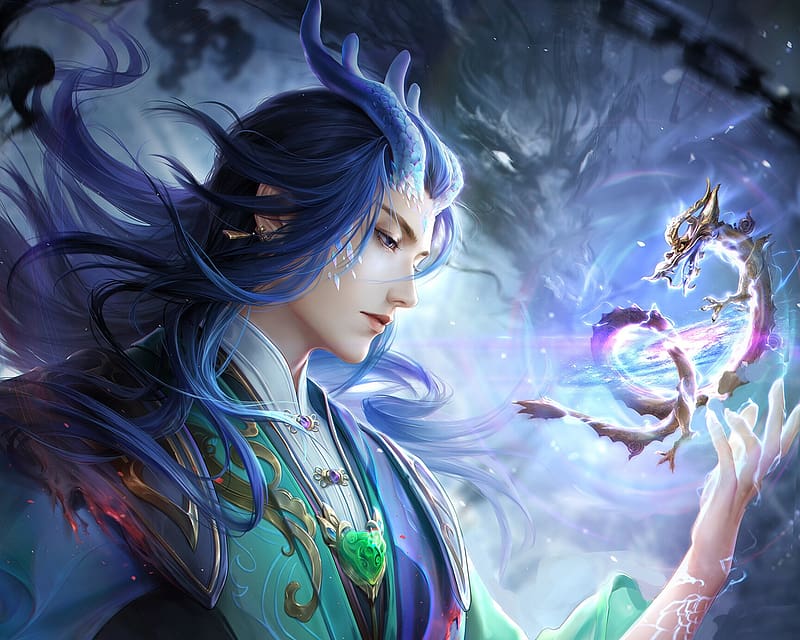 Fantasy man, art, fantasy, man, blue, dragon, kongsheng lei, HD wallpaper