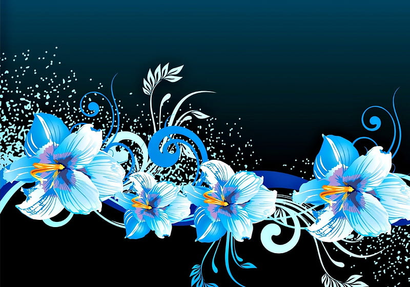 Flowers, hibiscus, texture, flower, black, abstract, blue, vector, HD wallpaper