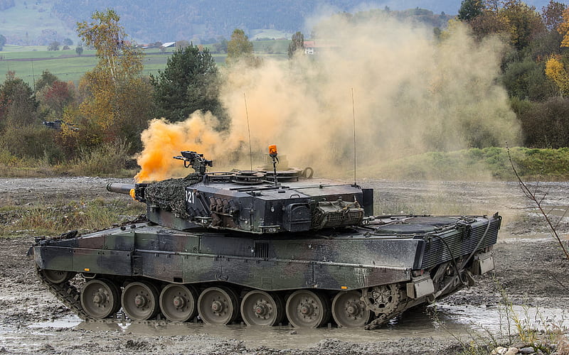 Leopard 2A4, German battle tank, landfill, orange smoke screen, bank, Bundeswehr, Germany, HD wallpaper