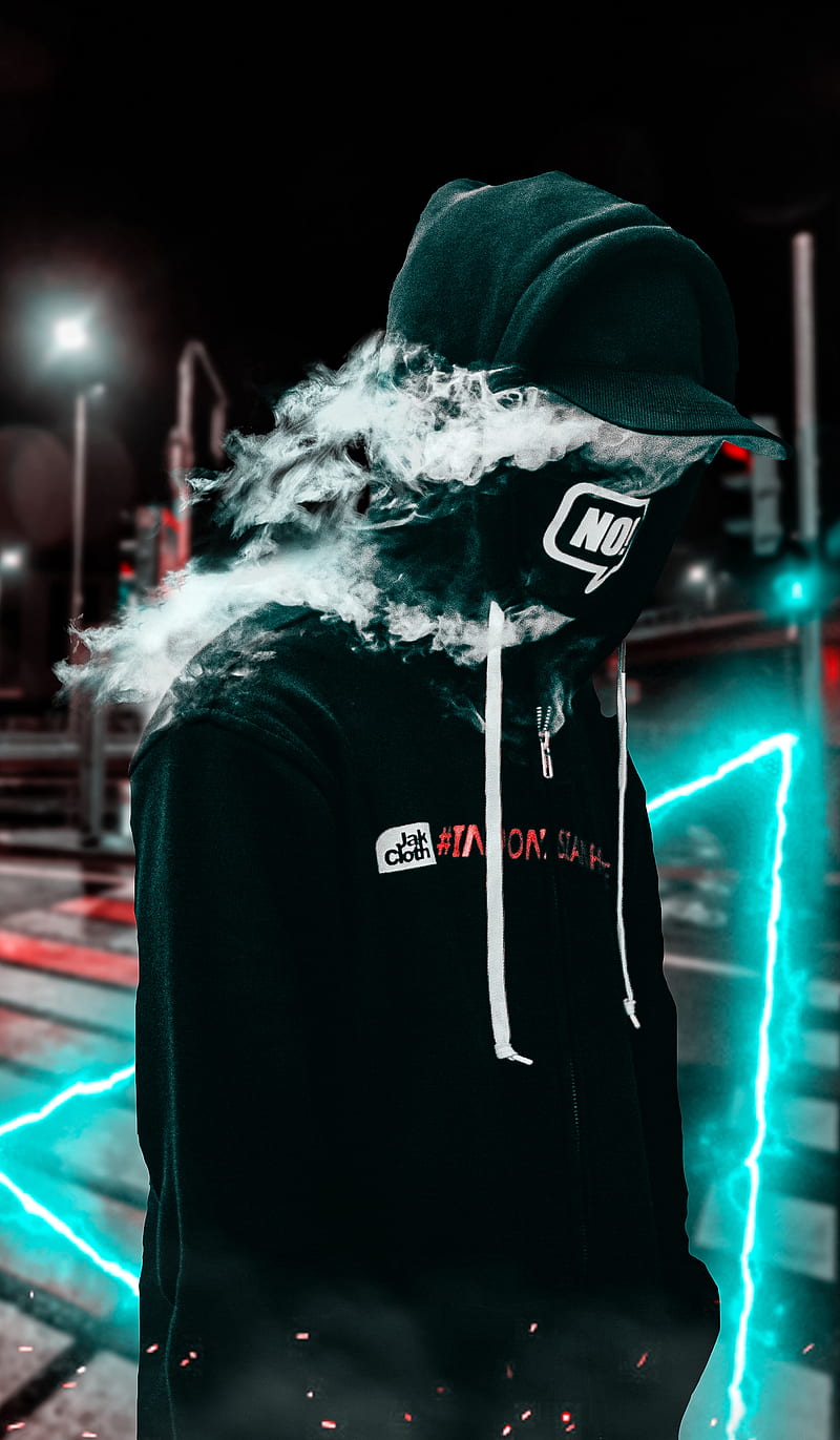 SMOKED MAN, city, light, neon, night, people, smoke, street, triangle, HD phone wallpaper