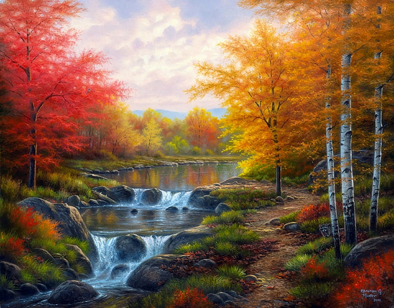 ✿Autumn Glory✿, rocks, colorful, autumn, stunning, splendid, panoramic view, attractions in dreams, bonito, seasons, leaves, paintings, glory, forests, scenery, animals, fall season, colors, love four seasons, birds, places, creative pre-made, trees, waterfalls, nature, HD wallpaper
