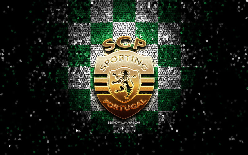 Sporting FC, glitter logo, Primeira Liga, green white checkered background, soccer, portuguese football club, Sporting logo, mosaic art, football, Sporting SP, HD wallpaper