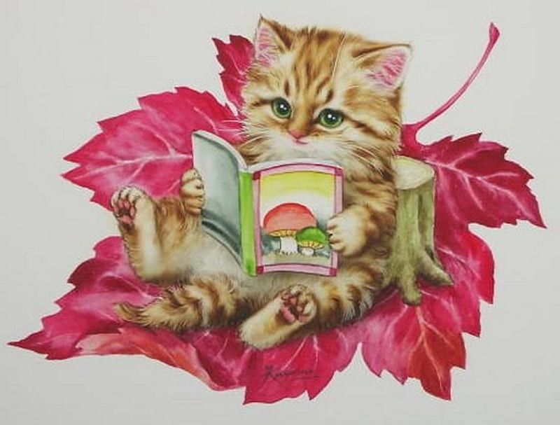 ..Autumn Leaf Kitty.., pretty, autumn, draw and paint, book, adorable, paintings, animals, lovely, kitty, colors, love four seasons, kittens, creative pre-made, leaf, cute, reading, weird things people wear, cats, HD wallpaper