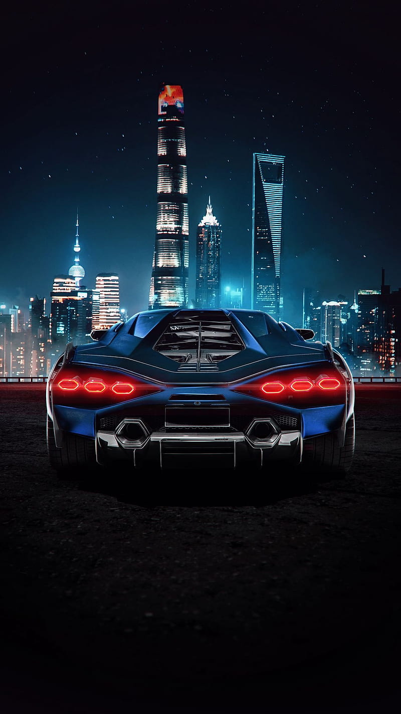 Lamborghini, back, carros, city, italy, lights, night, super car, towers, HD phone wallpaper