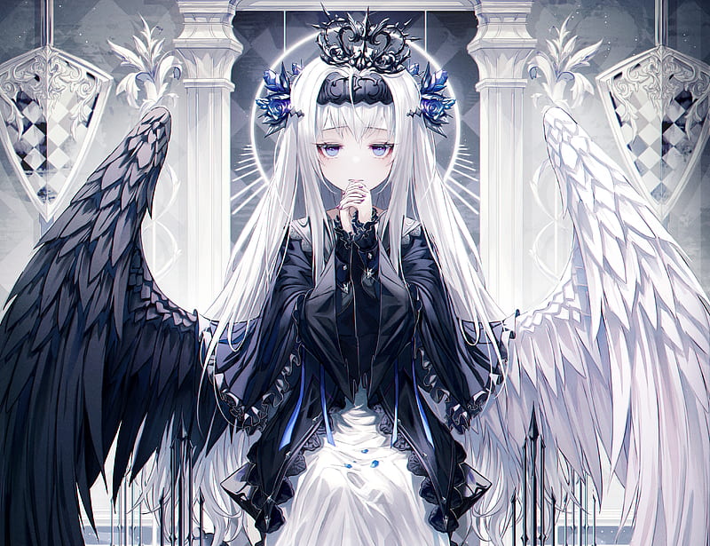 Anime, Angel, Blue Eyes, Girl, Long Hair, White Hair, Wings, HD wallpaper