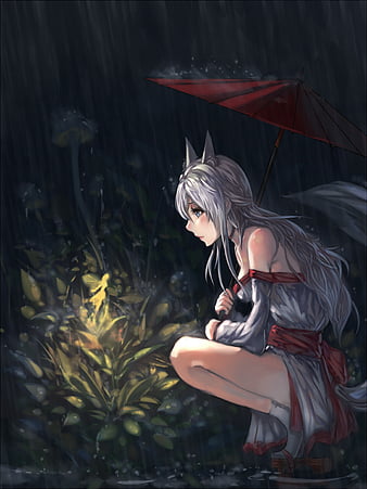 Anime girl, umbrella, dark, white hair, umbrella, Anime, HD phone wallpaper