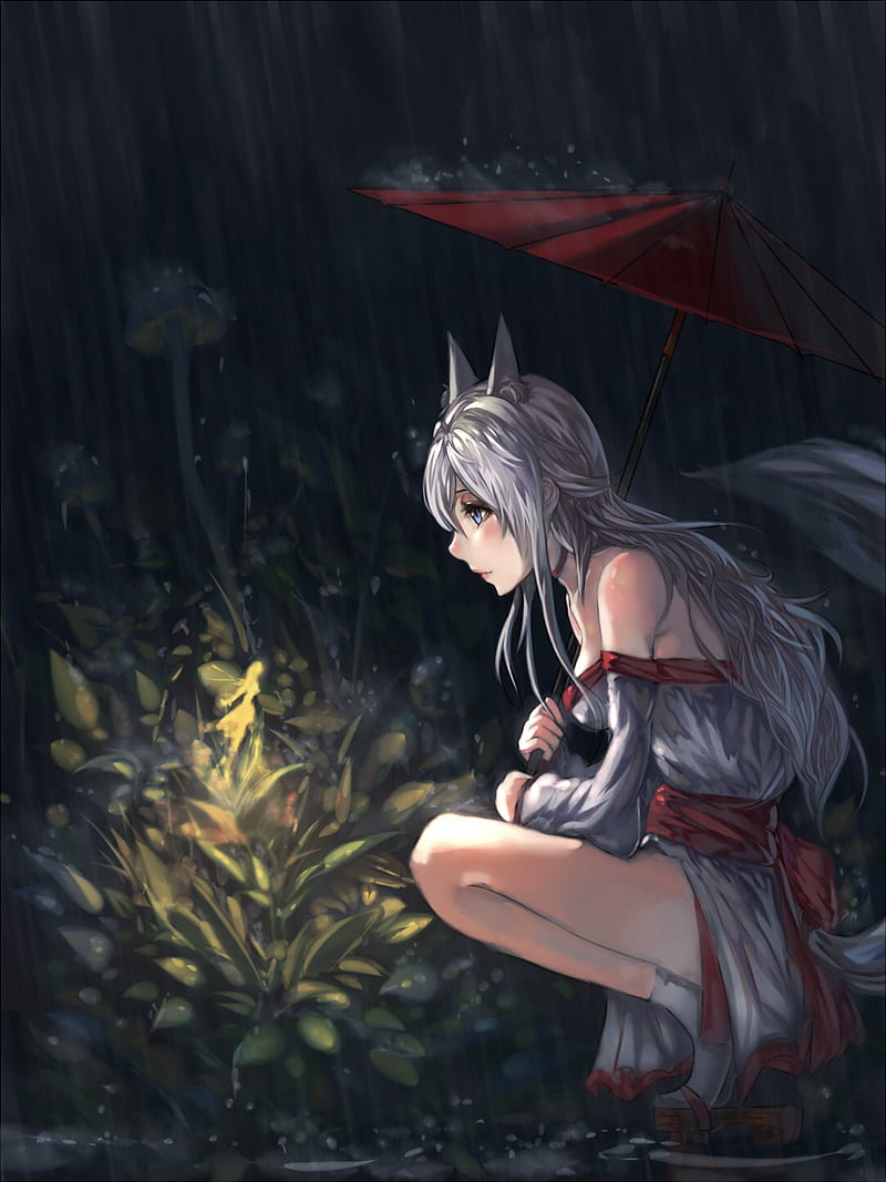 Kuroduki, anime, anime girls, fox girl, rain, umbrella, HD phone wallpaper