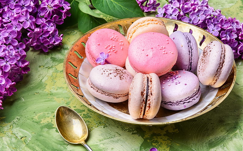 Macarons, lilac, cookie, food, flower, macaron, pink, sweet, dessert, HD wallpaper