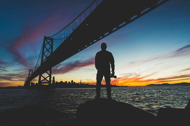 bay bridge, sunset, lonely man, san francisco, united states, skyline, City, HD wallpaper