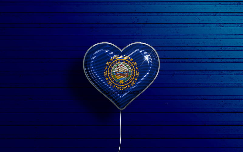 I Love New Hampshire, realistic balloons, blue wooden background, United States of America, New Hampshire flag heart, flag of New Hampshire, balloon with flag, American states, Love New Hampshire, USA, HD wallpaper