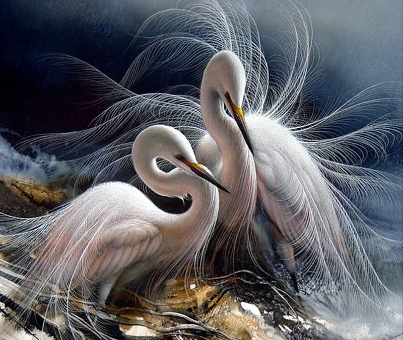 two herons, art, cool, paintings, birds, white, animals, swans, HD wallpaper