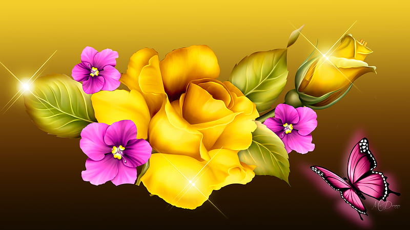 Yellow Rose Shine, pink flowers, spring, buds, floral, gradient, yellow roses, gold, butterfly, summer, flowers, Firefox Persona theme, HD wallpaper