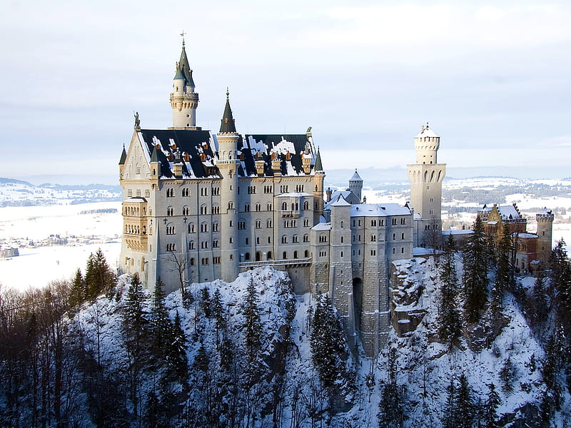 Storybook Castle in Winter, germany, storybook, book, trees, alps, winter, mountain, neuschwanstein, snow, story, bavaria, castle, HD wallpaper