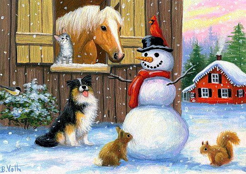Winter On The Farm, rabbit, house, squirrels, horse, snowman, artwork, snow, painting, stable, dog, HD wallpaper