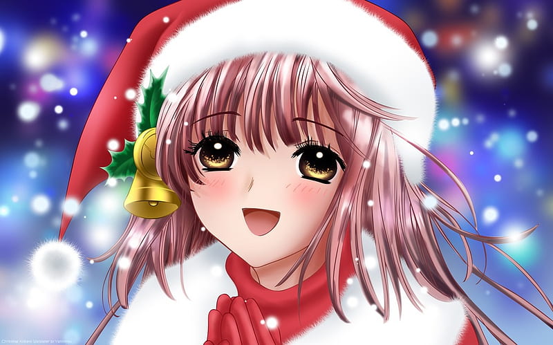 Merry Christmas Everyone!, red, christmas, blush, bonito, holly, happy, kobato kari, winter, cute, santa, girl, snow, anime, HD wallpaper