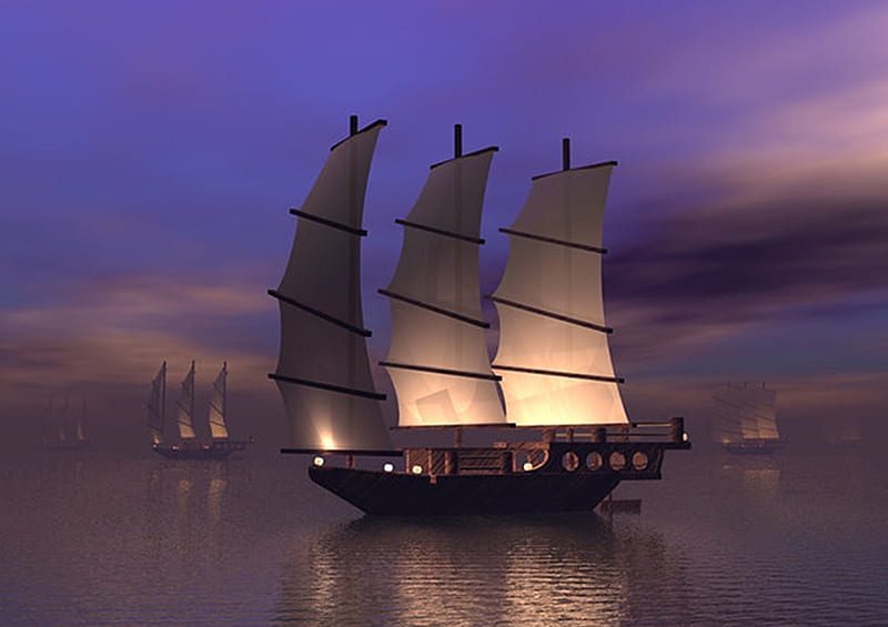 Twilight Harbour, ships, boats, sailing ships, calm seas, twilight, purple skies, HD wallpaper
