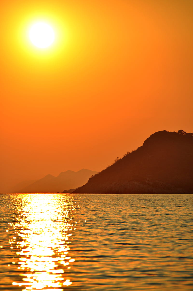 sun, glare, sunset, sea, mountains, HD phone wallpaper