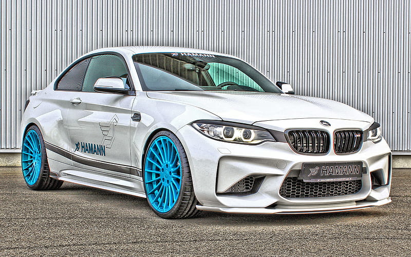 BMW M2 Hamann, 2018, white sports coupe, tuning M2, blue wheels, front view, exterior, white M2, German sports cars, BMW, HD wallpaper