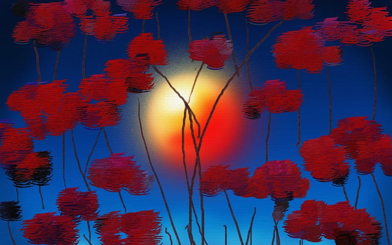 Sunset between flowers, red, poppy, art, sun, luminos, yellow, sunset, texture, painting, flower, pictura, blue, HD wallpaper