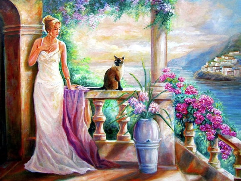 Mediterranean, balcony, painting, flowers, cat, woman, lake, artwork, HD wallpaper