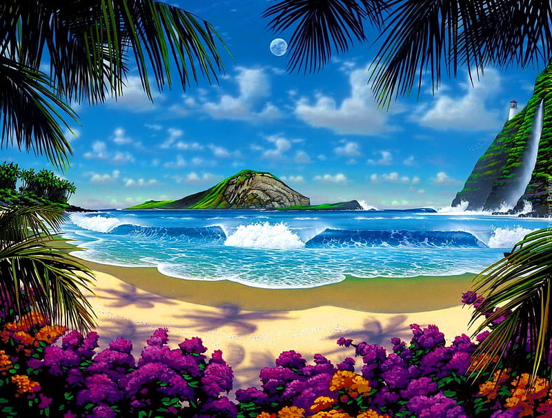 Paradise, pretty, colorful, shore, sun, breeze, bonito, clouds, sea, palm trees, beach, nice, calm, painting, tropics, blue, art, exotic, lovely, ocean, waves, sky, palms, water, summer, island, nature, branches, tropical, sands, HD wallpaper