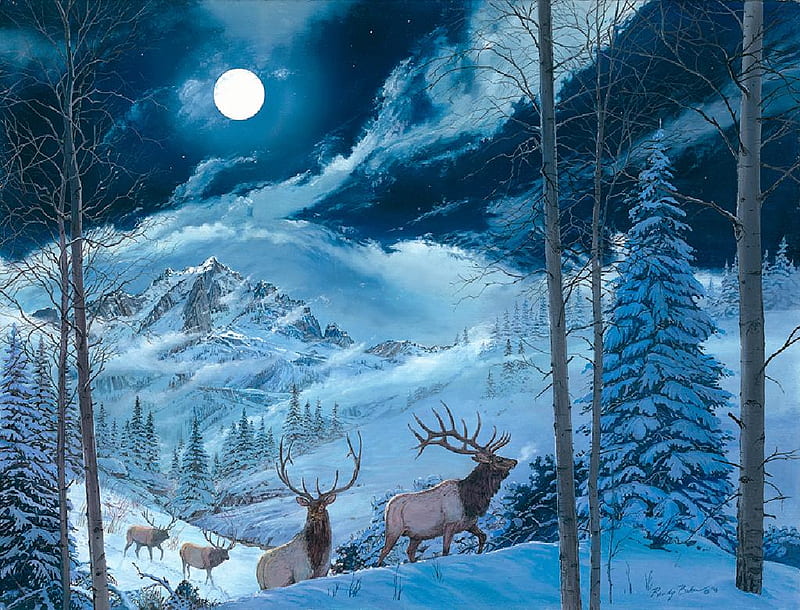A Cold Winter Night, moon, snow, elk, mountains, trees, HD wallpaper