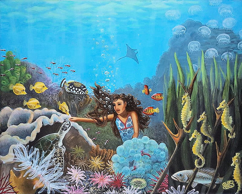 Sophia's Dream, corals, mermaid, jellyfish, fish, artwork, HD wallpaper