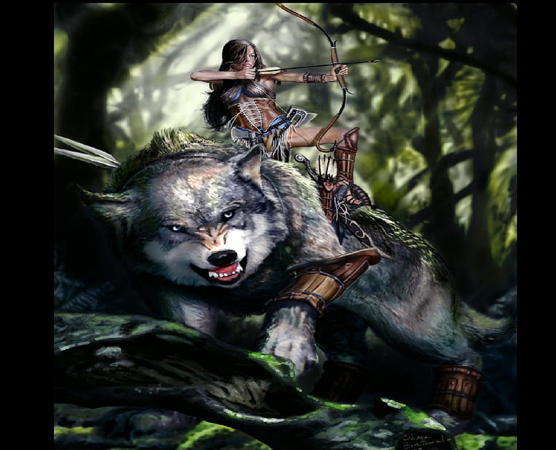 Wolf Rider, Forest, Bow, Woman, Wolf, Fantasy, HD wallpaper