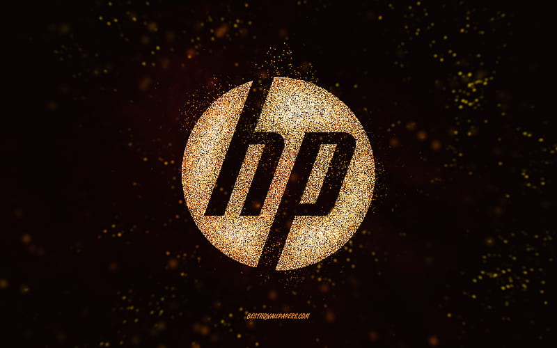 HP glitter logo, black background, HP logo, gold glitter art, HP, creative art, HP gold glitter logo, Hewlett-Packard logo, HD wallpaper
