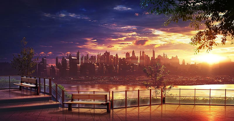 Anime, Sunset, Sky, City, Lake, Evening, Stairs, Bench, Cloud, Parc, HD wallpaper